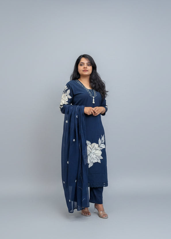 Navy Blue Cotton Hand Embroidery Straight Fit Kurtha 597