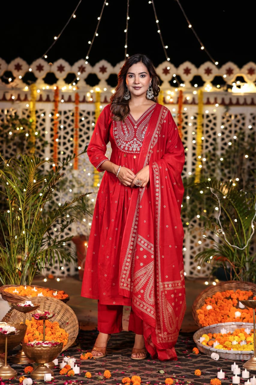 Red Cotton Hand Embroidery Airline Kurtha 677