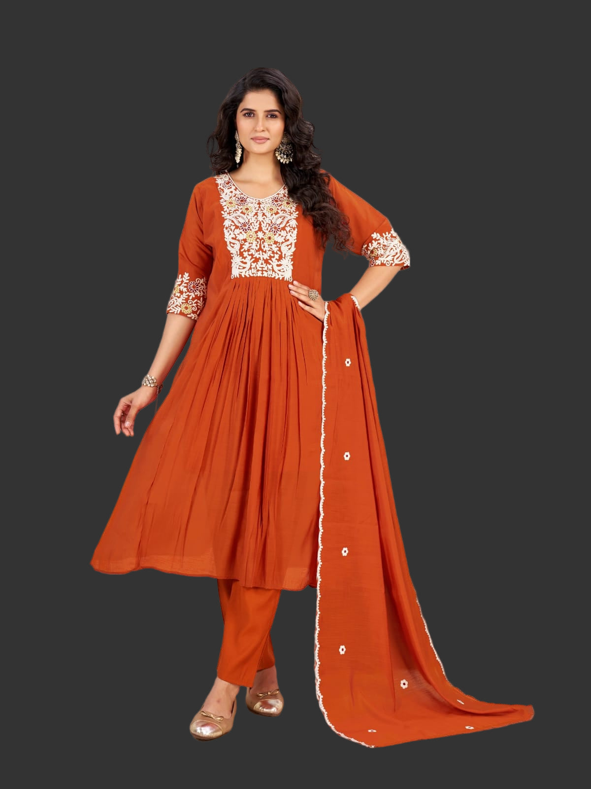 Orange Silk Thread Embroidery Anarkali Kurtha