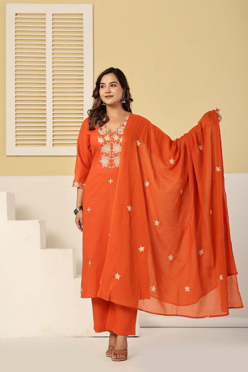 Orange Cotton Thread Embroidery Straight Fit pulse size Kurtha
