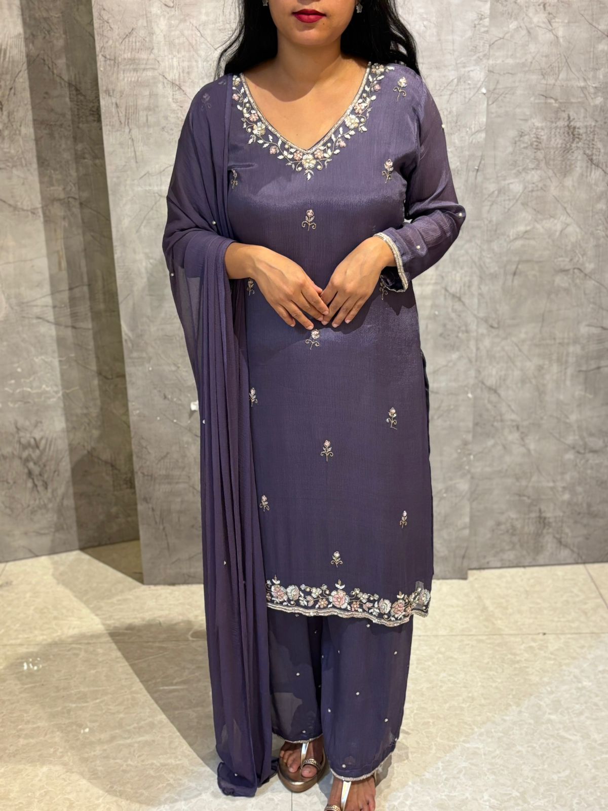 "Boomi" Dark Lavender Designer Hand Embroidery Sharara party Kurtha set