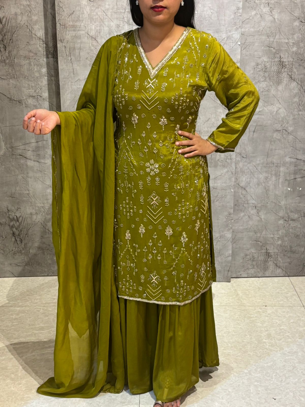 "Boomi" Lime Green Designer Hand Embroidery Sharara party Kurtha set 301