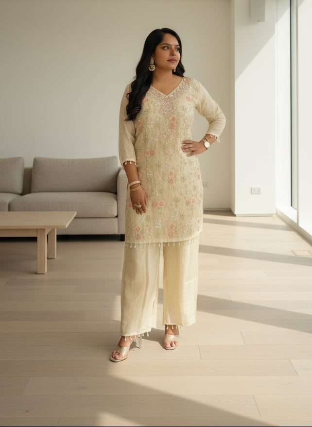 Cream Shimmer Hand Embroidery Cord Set kurtha 547