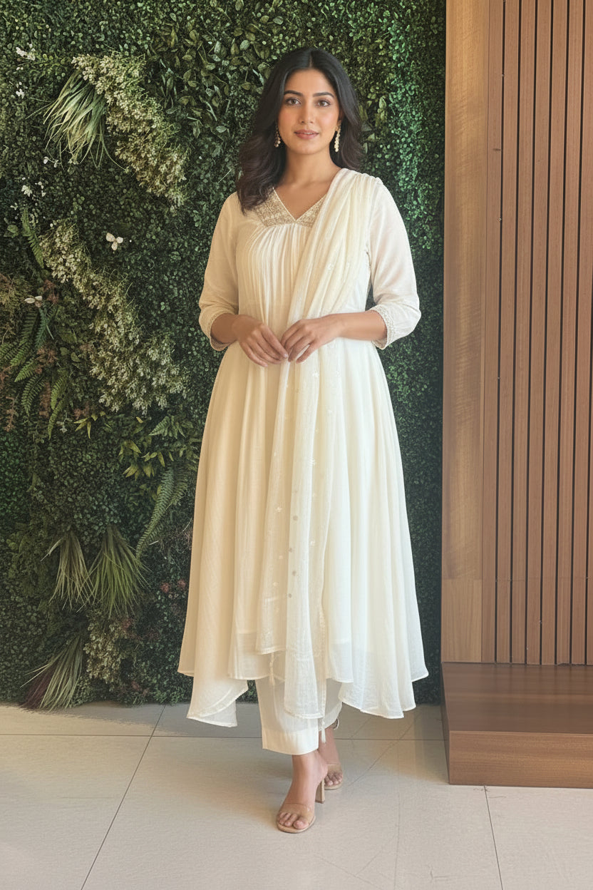 Cream  Mul Chanderi Hand Embroidery Airline Kurtha 324