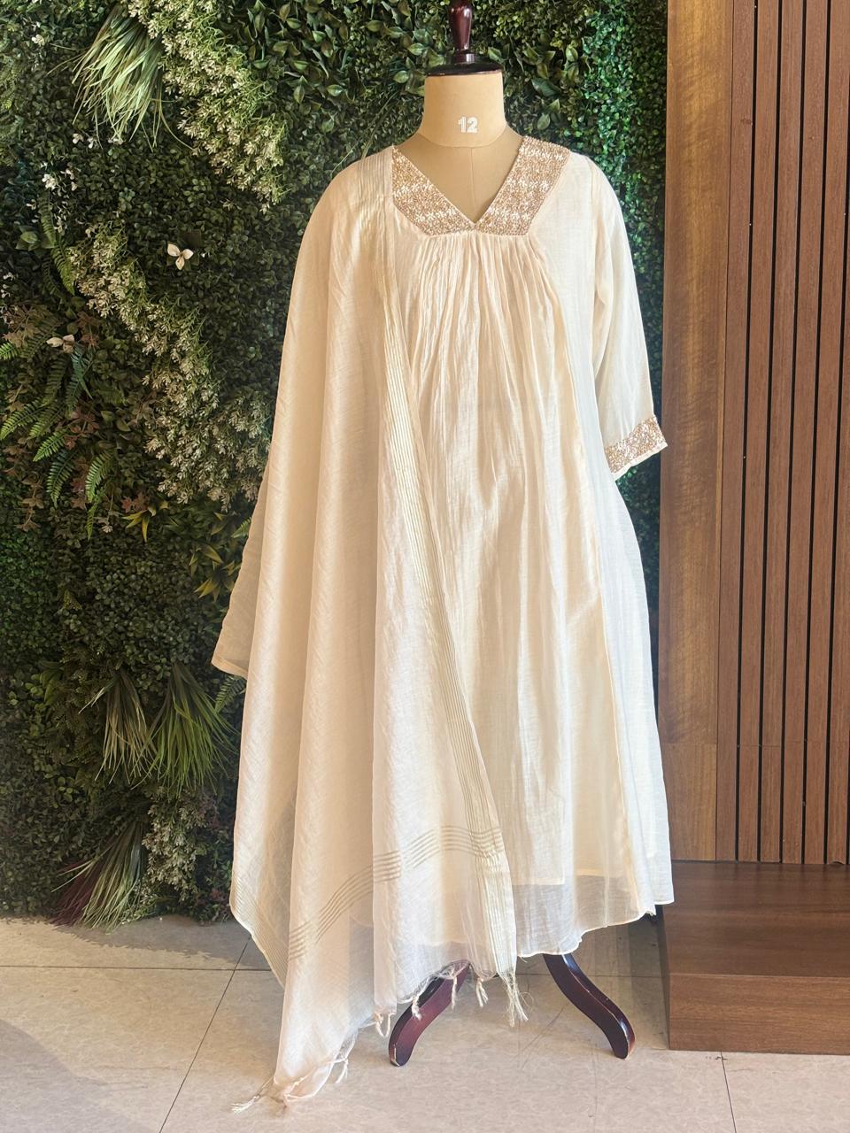 Cream  Mul Chanderi Hand Embroidery Airline Kurtha 324