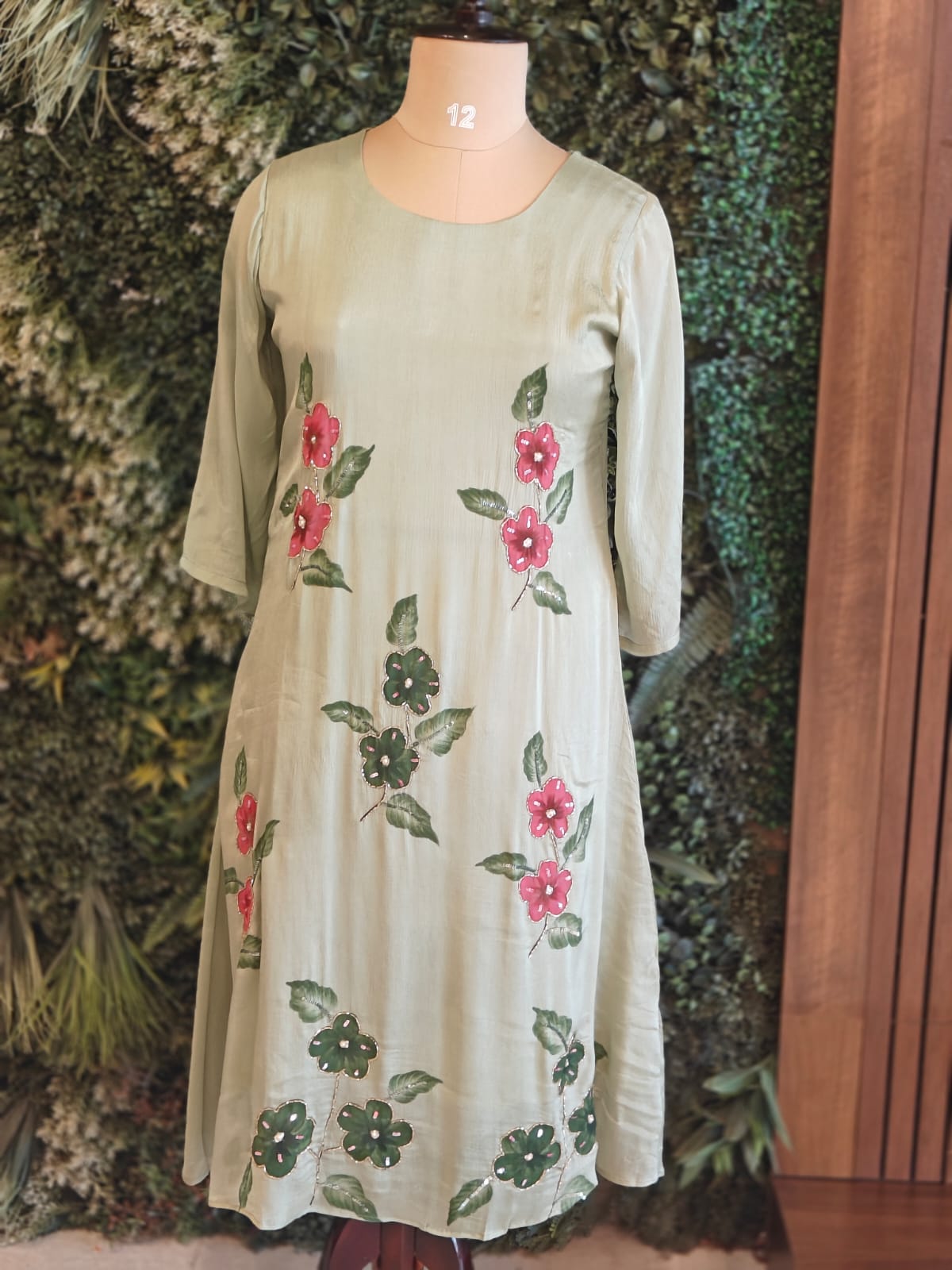 Pista Green Hand Embroidery Crepe Airline Kurtha 765