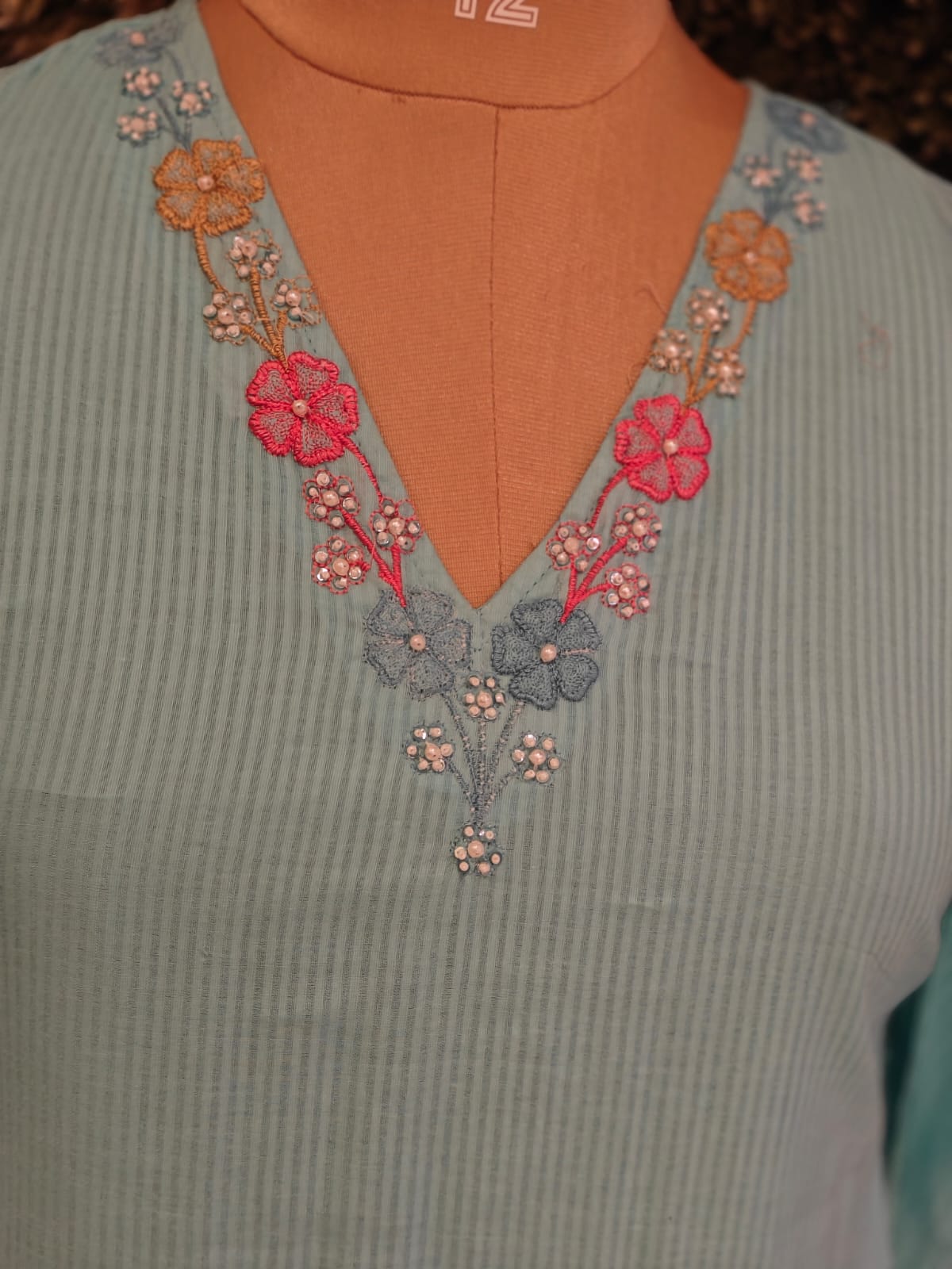 Blue Mul Cotton Hand Embroidery Airline Kurtha 203