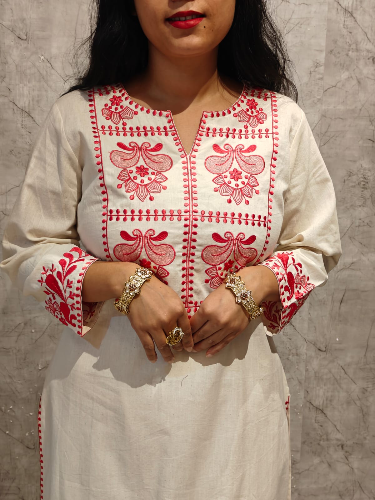 White and Pink Cotton Linen Thread Cord set  Kurtha set 077