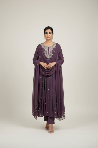 Purple Anarkali chinnon handwork party ware Kurtha 567