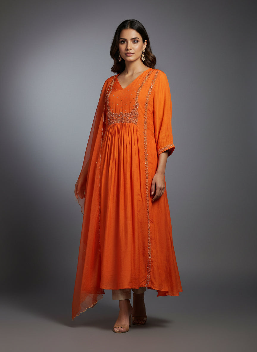 “Pani" Orange  Mul Chanderi silk Kurtha suit with work hand embroidery 898