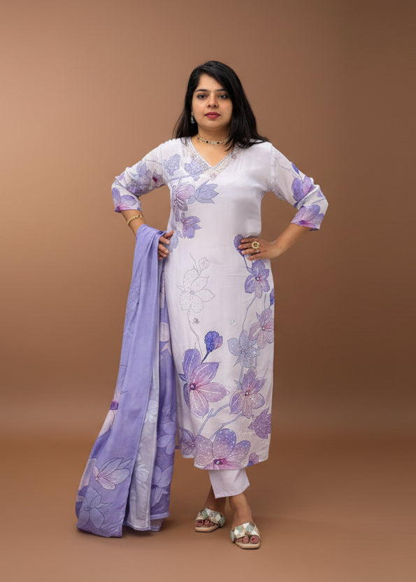 Purple Digital Print Handwork Crepe Kurtha 693