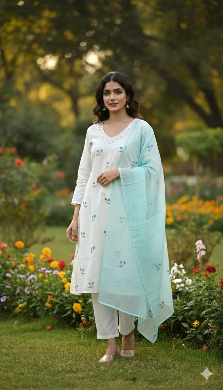 White nd Blue Lenon Cotton Straight Fit Kurtha