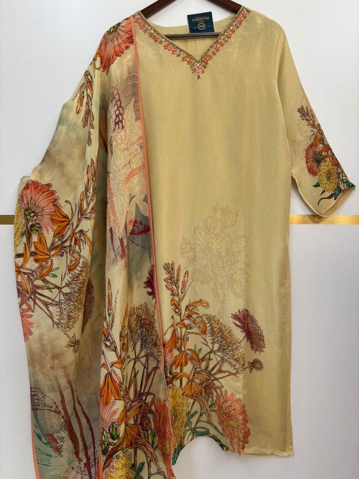 “Chandini" Cream Floral Tissue Shimmer Silk Straight Kurtha