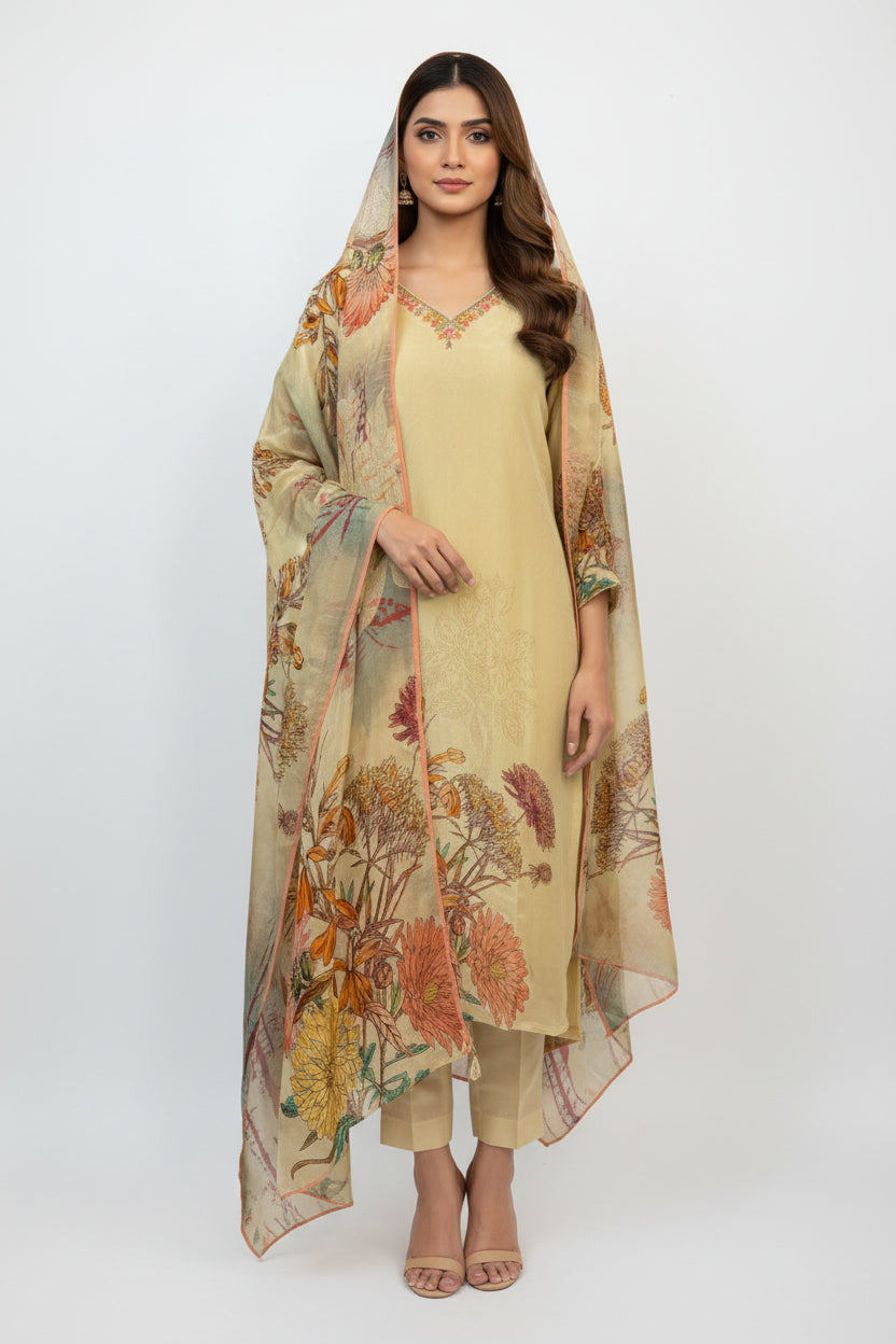 “Chandini" Cream Floral Tissue Shimmer Silk Straight Kurtha
