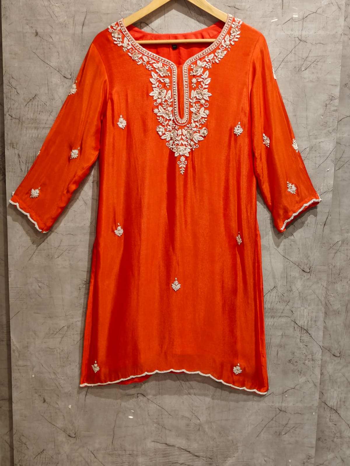 “Pari" Orange chinnon handwork party ware Kurtha set