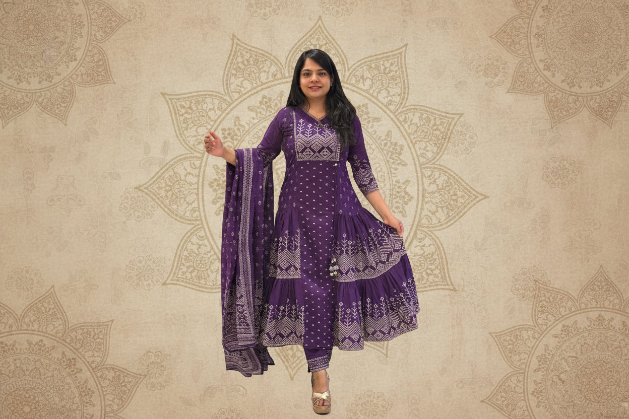 Purple Cotton Kalamkari Print Anarkali Kurtha 389