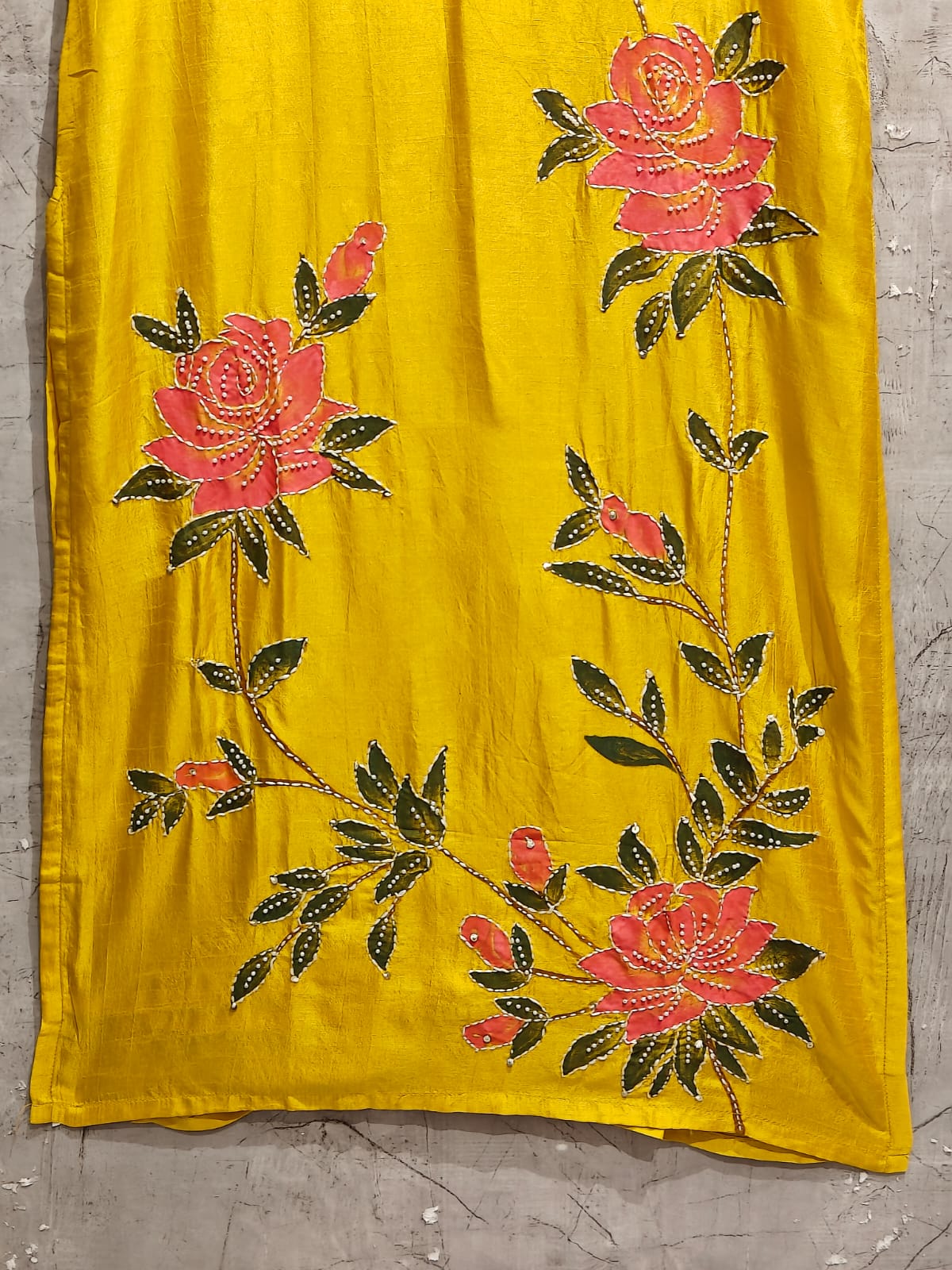 Yellow Dola Silk embroidery Kurtha set