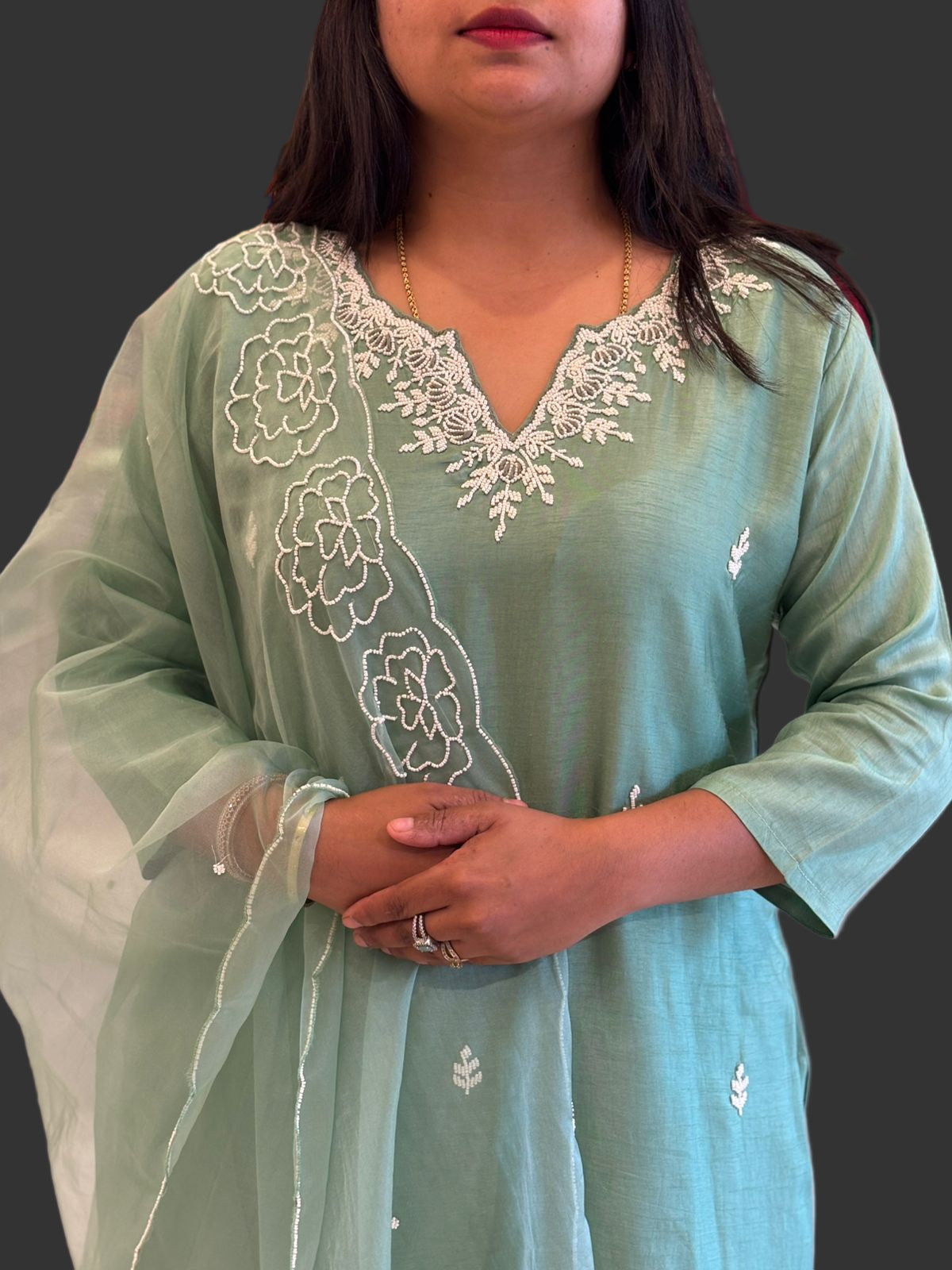 Pista Green Pearl Handwork Dola silk Kurtha 811