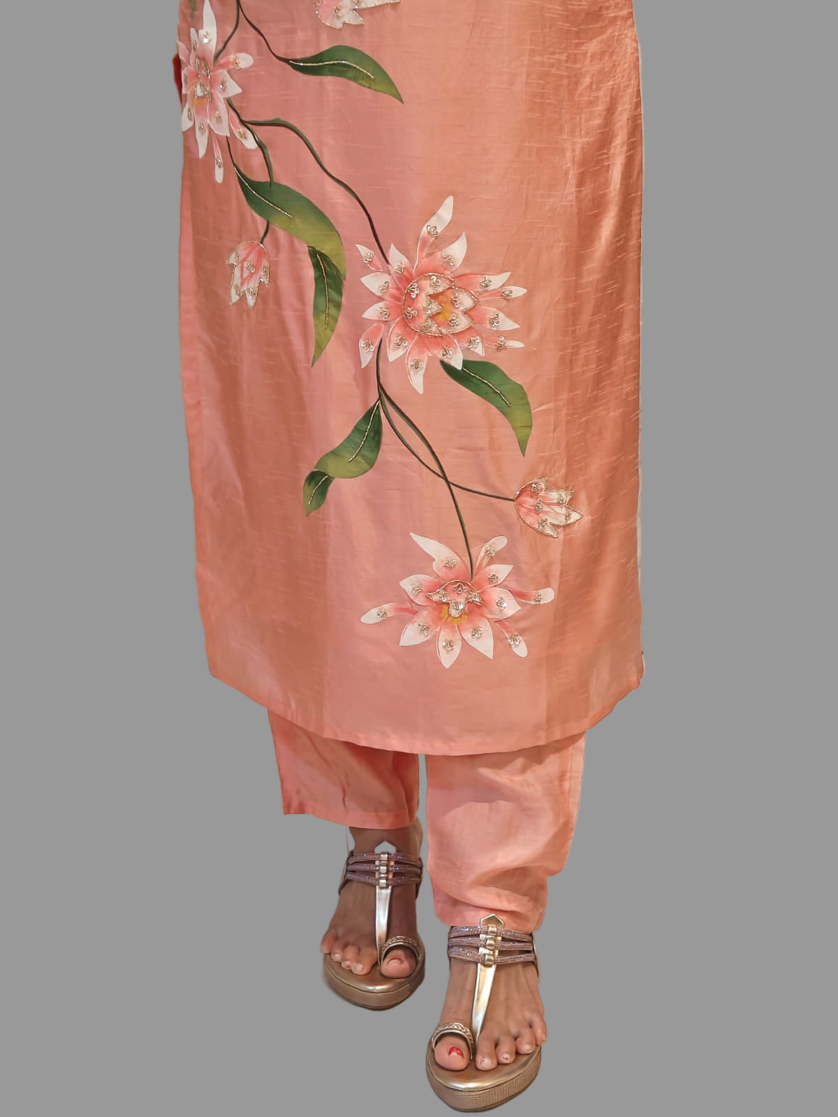 Baby Pink Dola Hand Painted Straight Fit  Kurtha 431