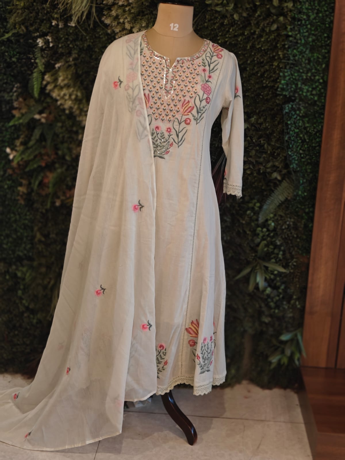 White Mul Cotton Hand Embroidery Anarkali Kurtha 203