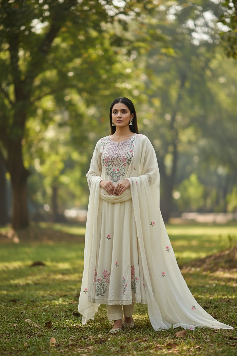 White Mul Cotton Hand Embroidery Anarkali Kurtha 203