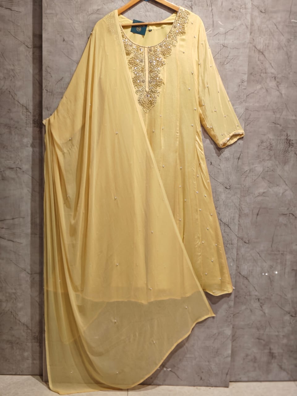 Lemon Yellow Anarkali Chinnon Hand Embroidery Kurtha 567