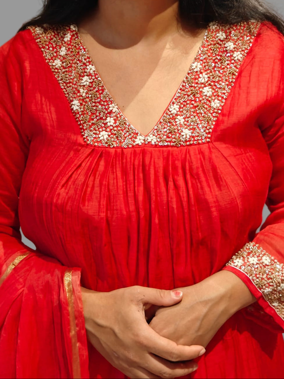 Red Mul Chanderi Hand Embroidery Airline Kurtha 324