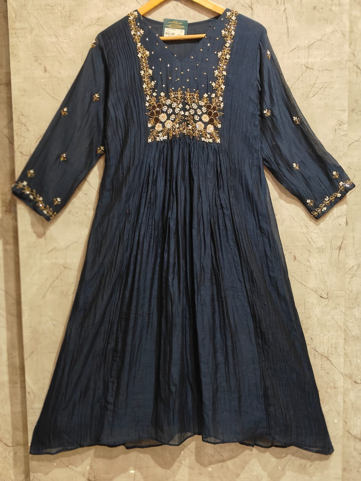 Navy Blue Mul Chanderi Hand Embroidery Anarkali Kurtha 899