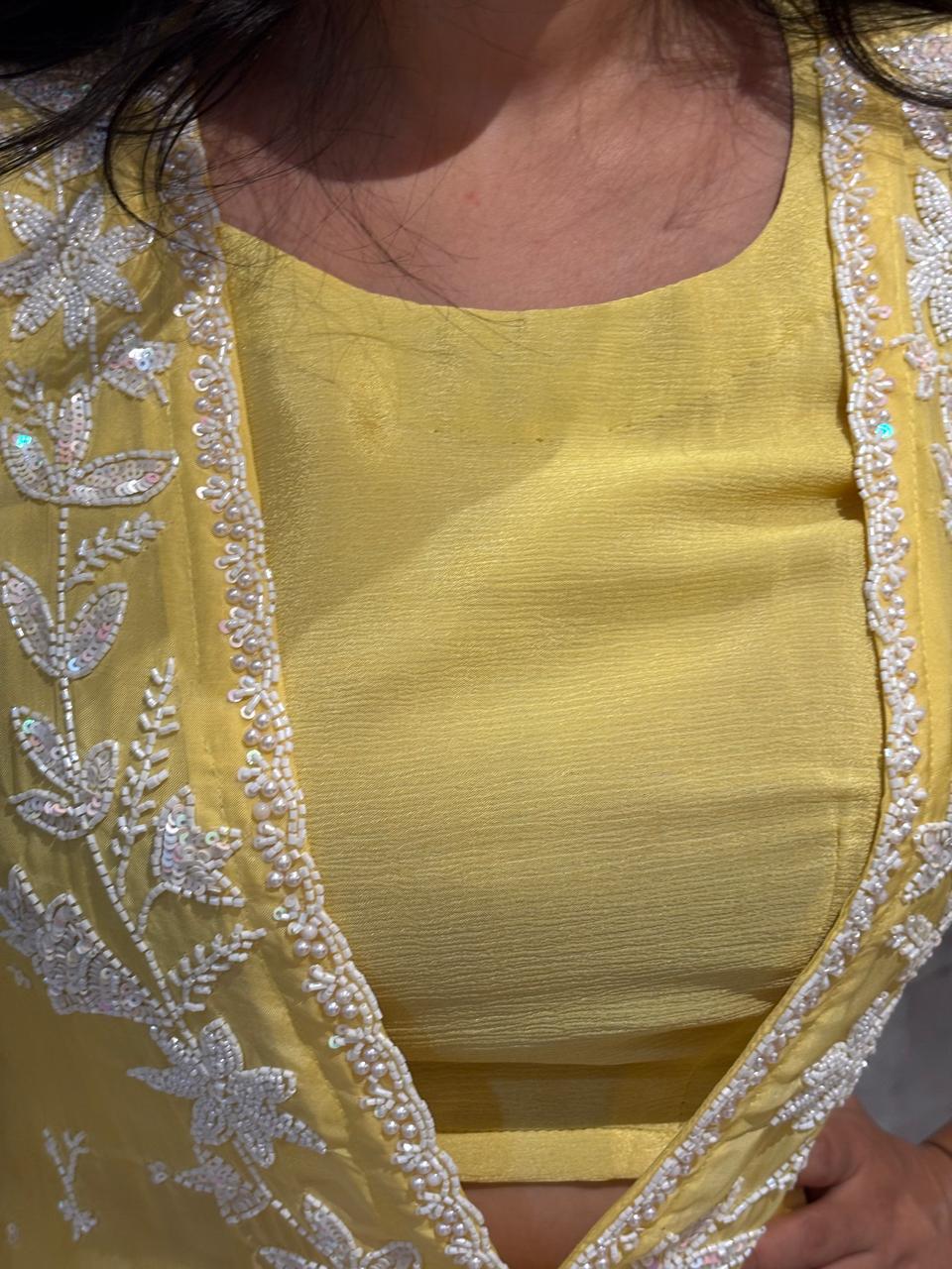 "PARI" Lemon Yellow Designer Kurtha 43 Set with pearl handwork   Top, Palazoo and Jacket Indo-western cape