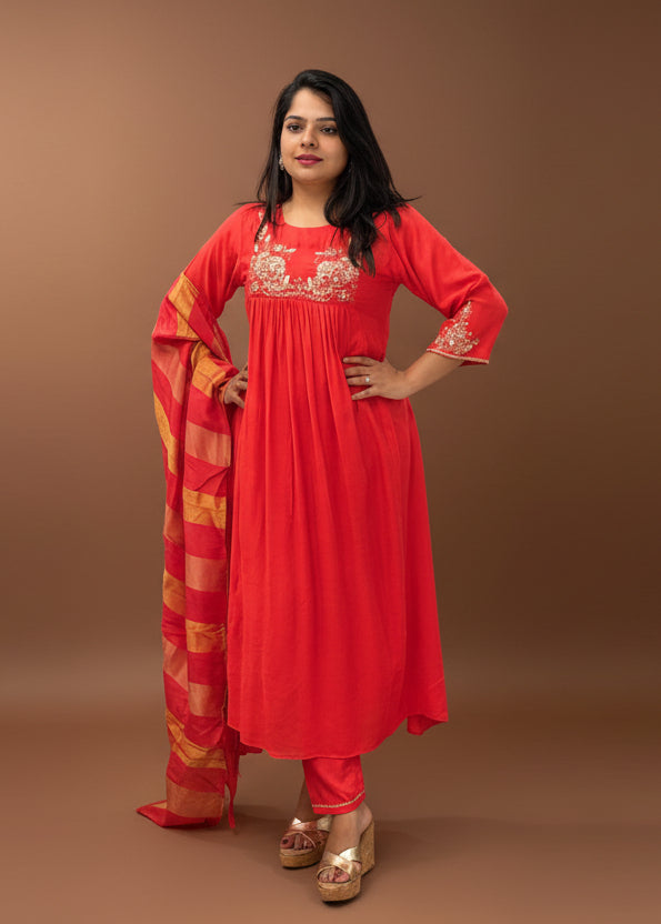 Red Mul Chanderi Hand Embroidery Airline Kurtha 36