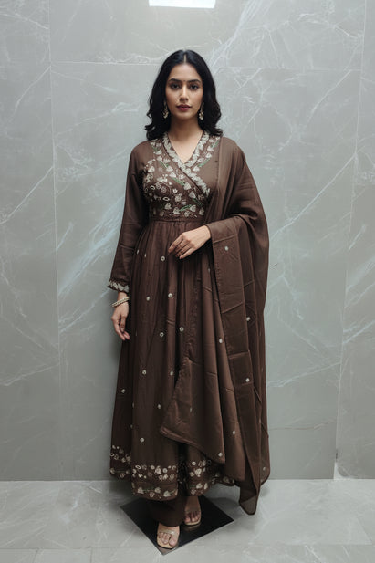 Brown Cotton Anakrali With Handwork Kurtha