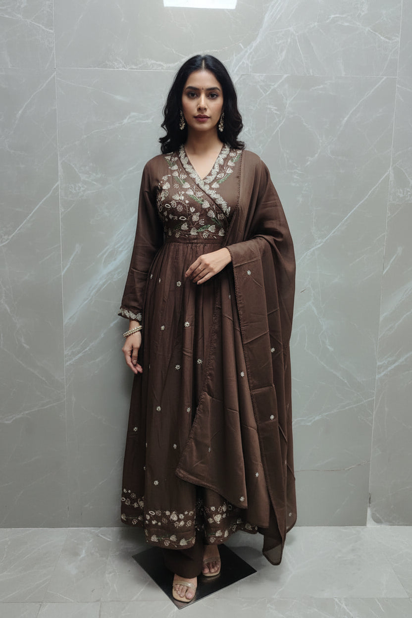 Brown Cotton Anakrali With Handwork Kurtha