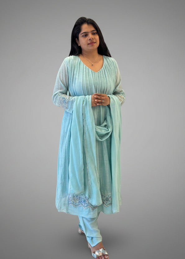 Blue Mul Chanderi Silk Airline Handwork Kurtha 66