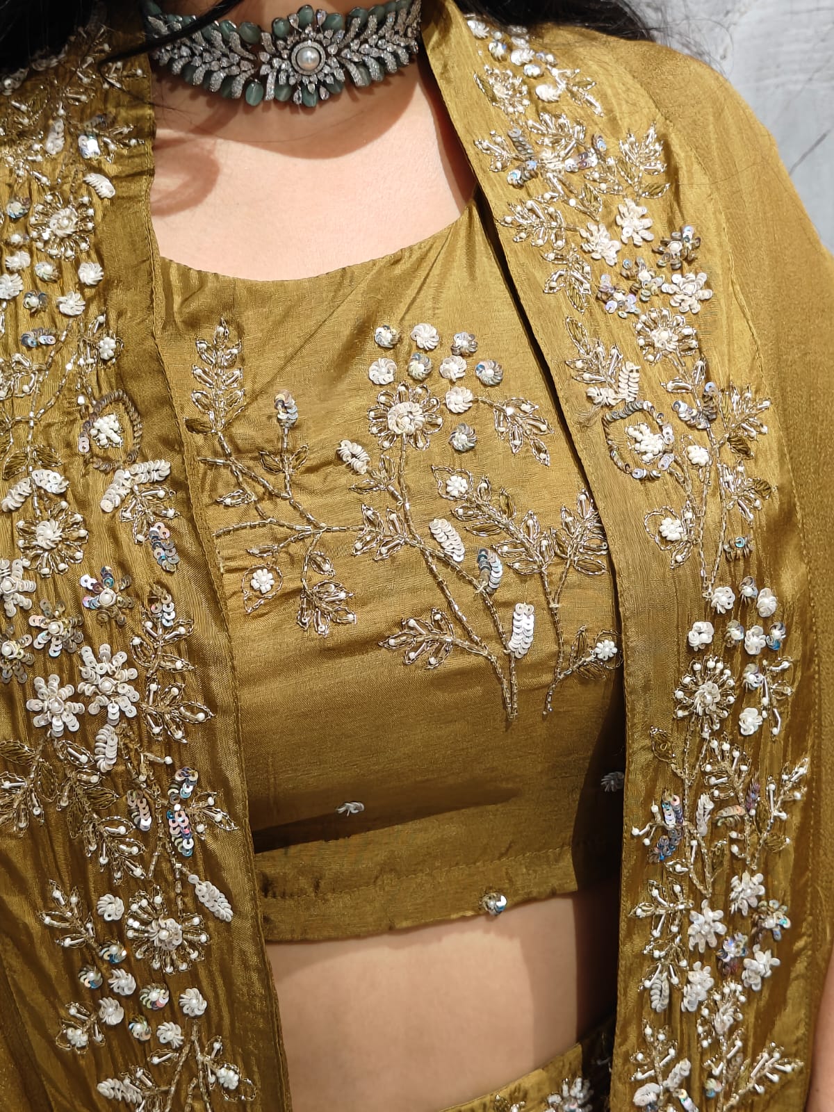 "PARI"  Mehendi Green Designer Kurtha 43 Set with Handwork Top, Skirt and Cape Indo-western