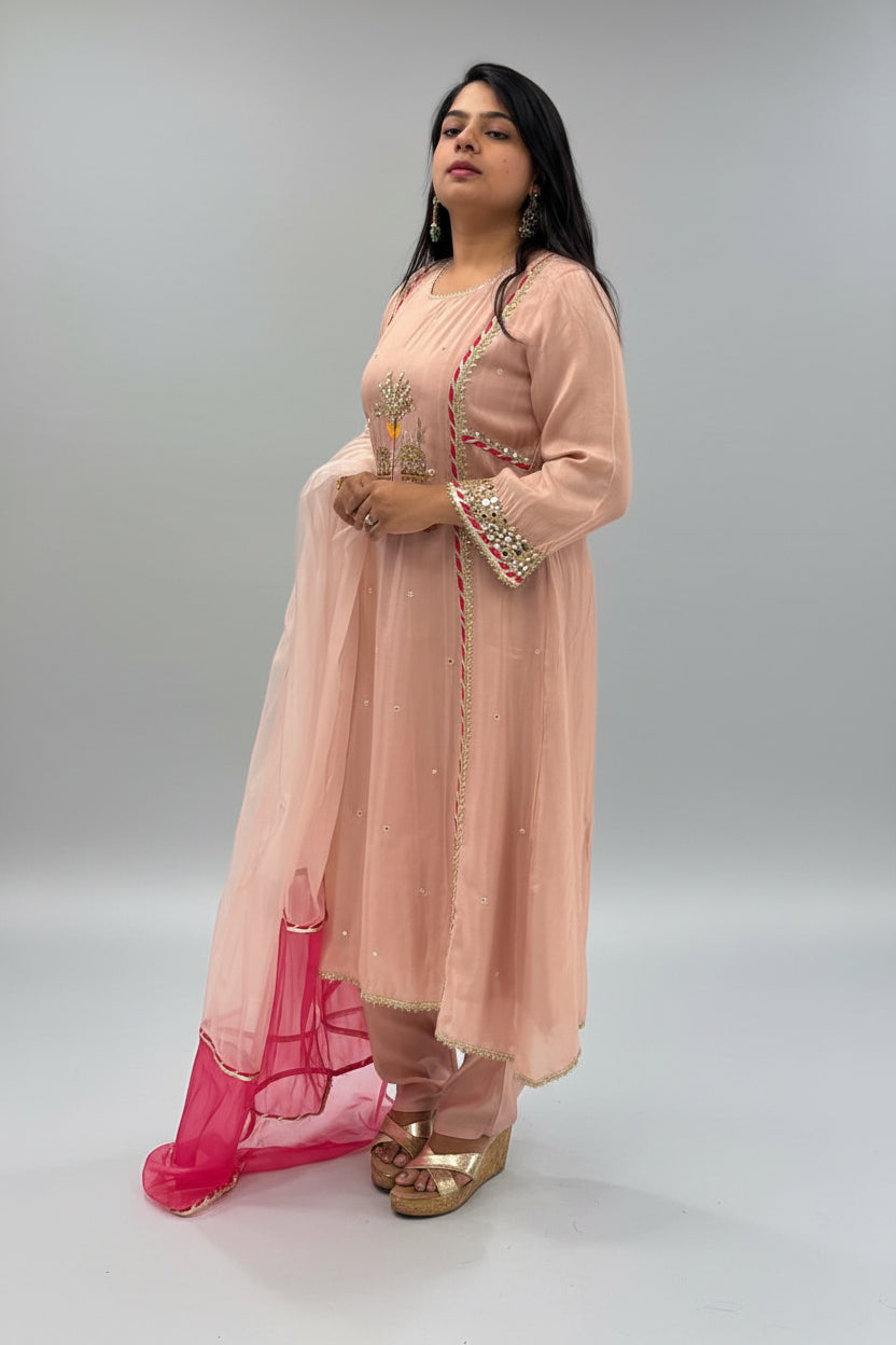 Baby Pink Shimmer Hand Embroidery Kurtha 151