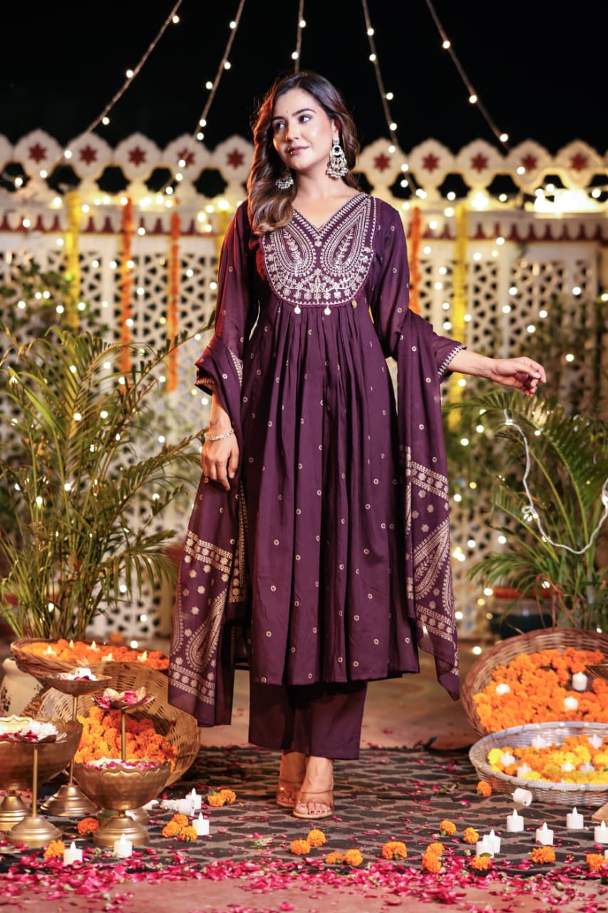 Purple Cotton Hand Embroidery Airline Kurtha 677
