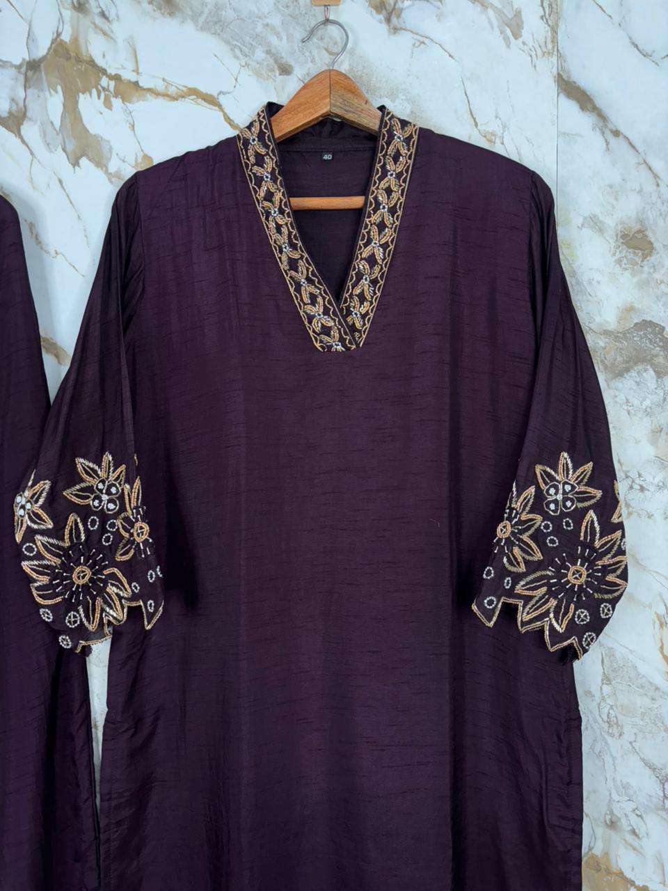 Dark Purple Dola Silk Handwork Straight Fit Kurtha