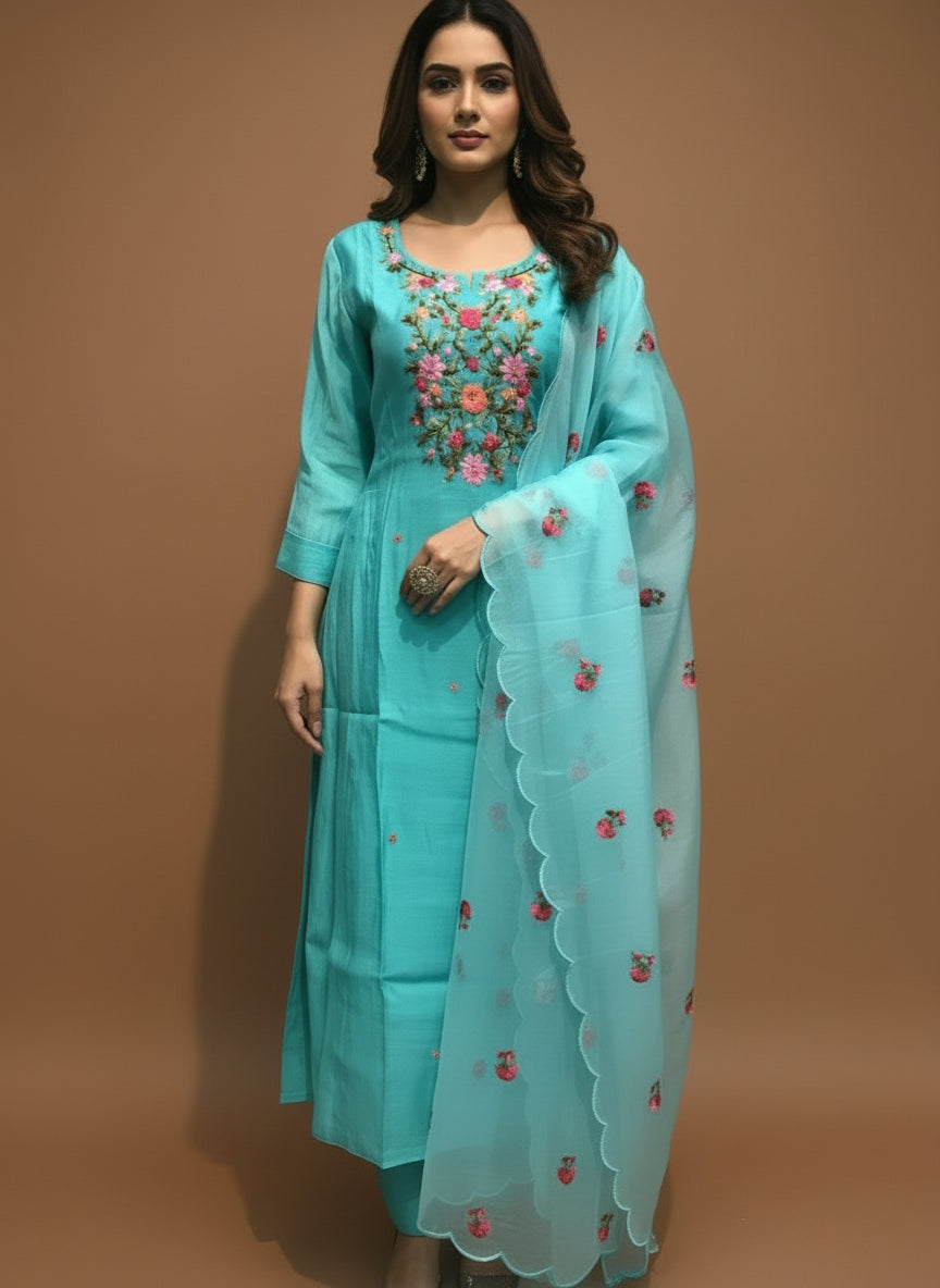 Blue Mul Chanderi Thread Embroidery Straight Fit  kurtha 101