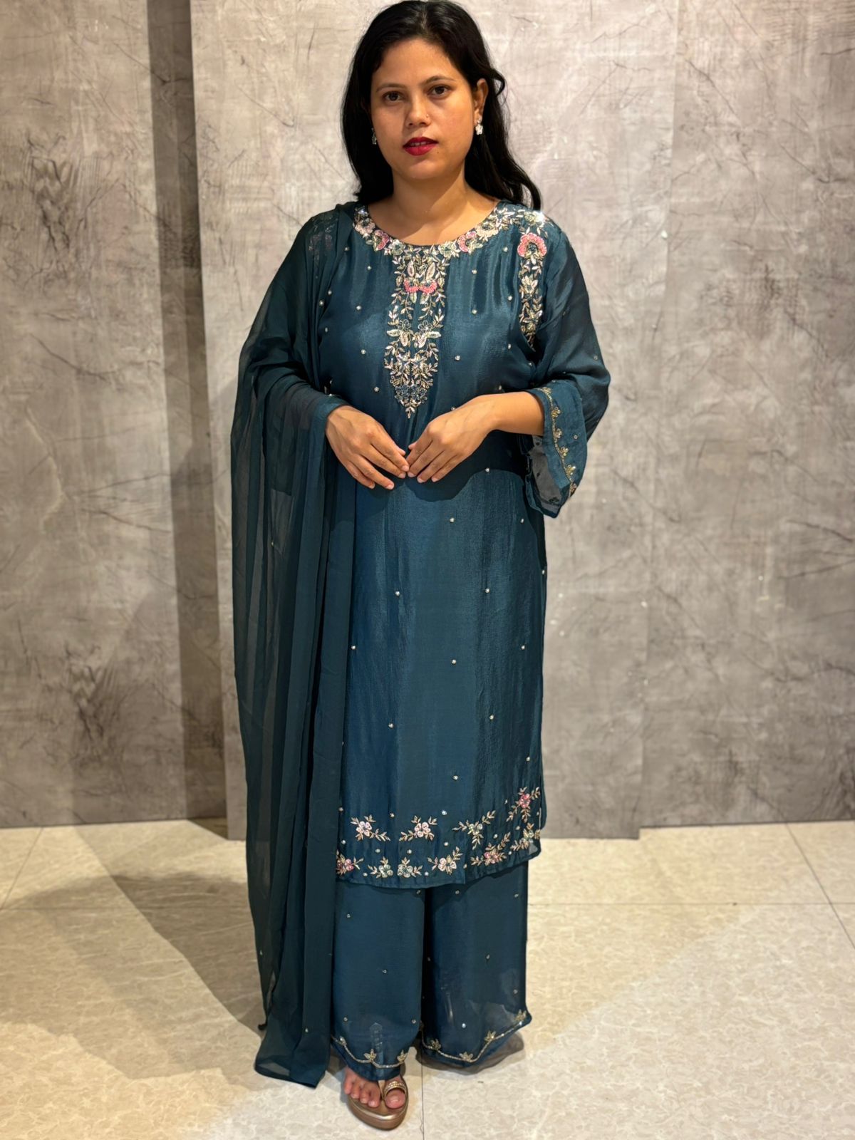 "Boomi" Steal Blue Designer Hand Embroidery Sharara party Kurtha set