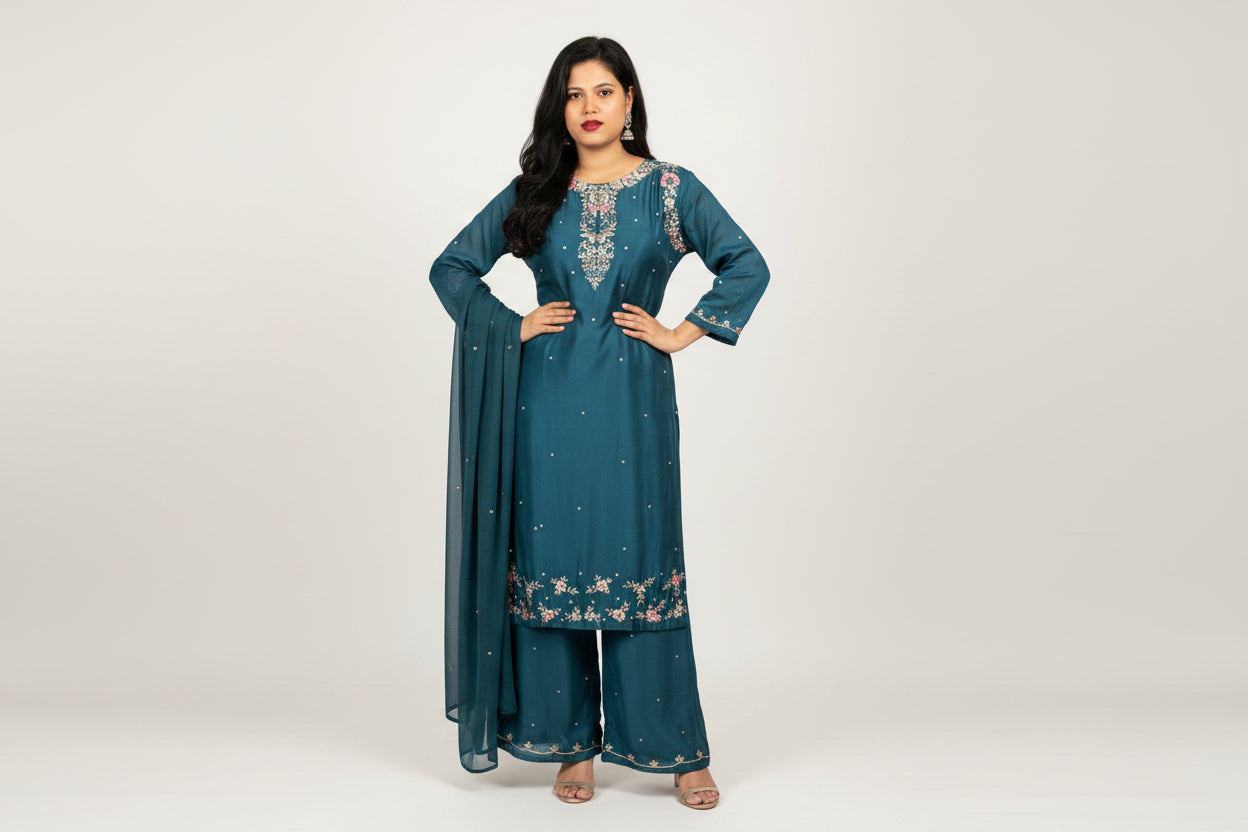 "Boomi" Steal Blue Designer Hand Embroidery Sharara party Kurtha set