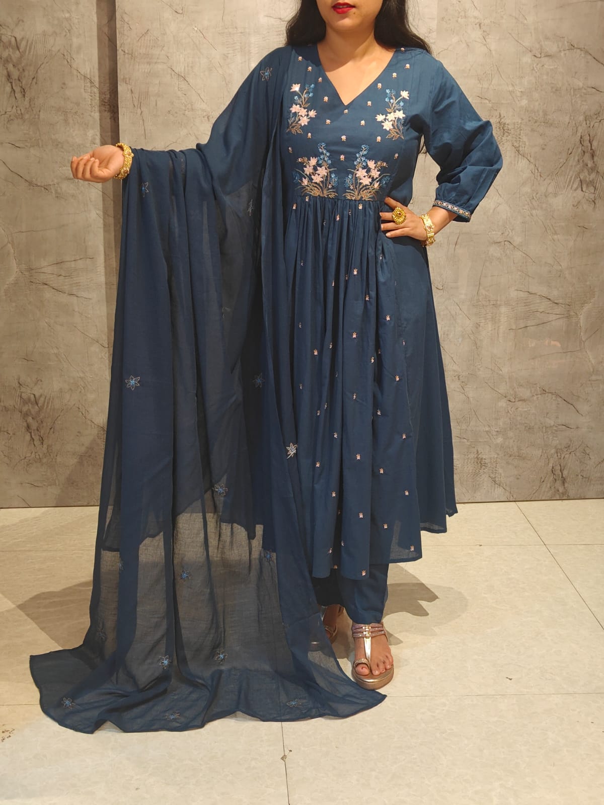 Blue Cotton Thread work Kurtha 987