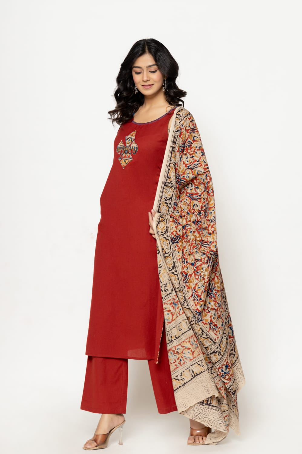Maroon  Mul Cotton With Kalamakari Dupatta Kurtha 440