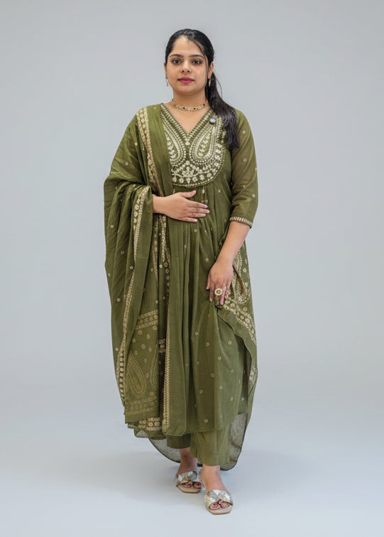 Green Cotton Hand Embroidery Airline Kurtha 677