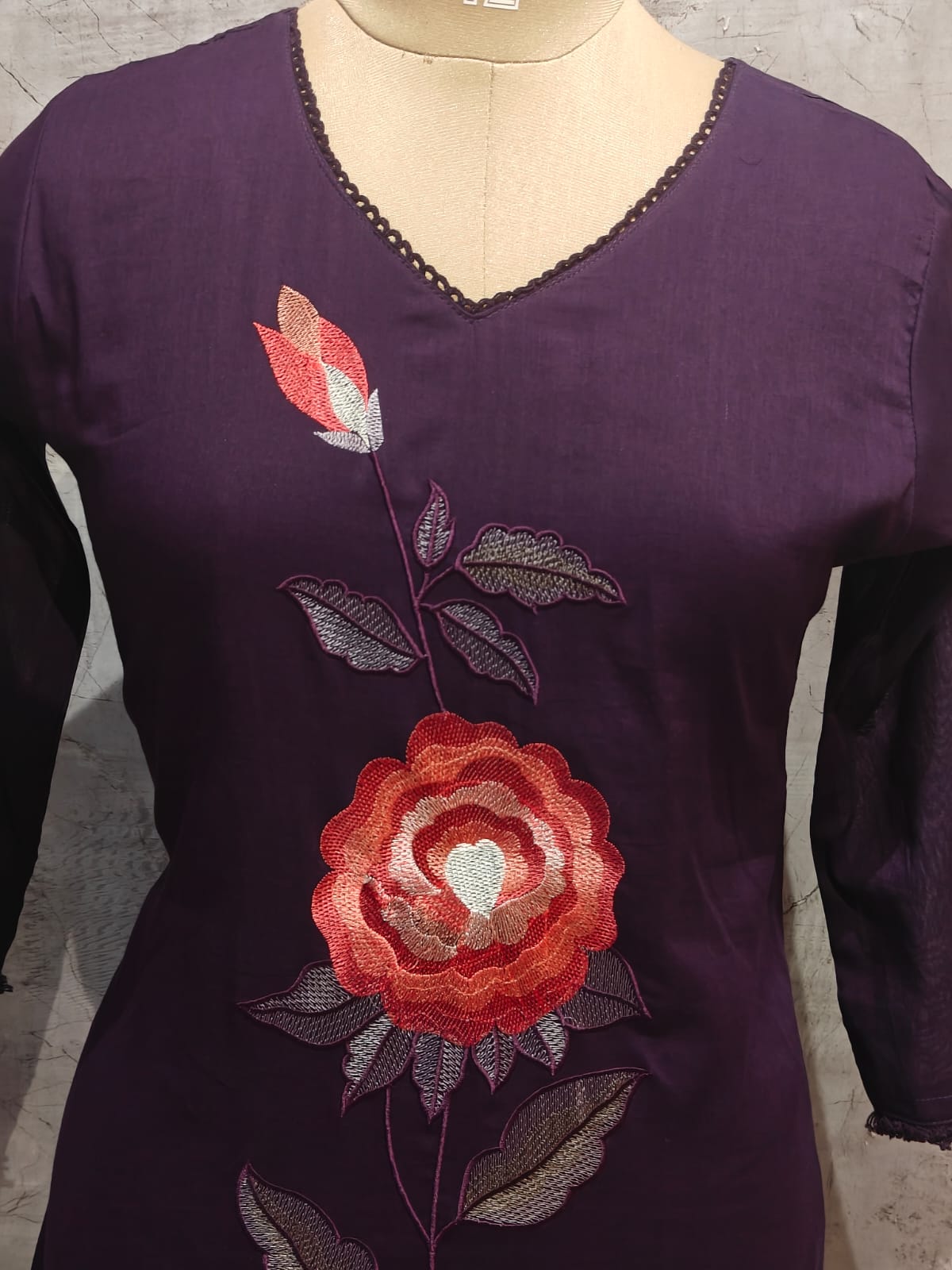 Purple Mul Cotton Thread Embroidery Straight Fit Kurtha 837