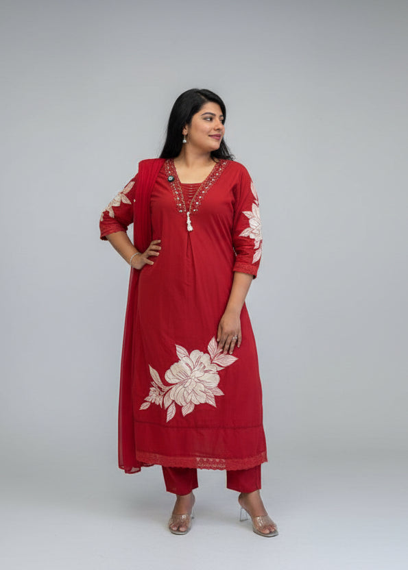 Red Cotton Hand Embroidery Straight Fit Kurtha 597