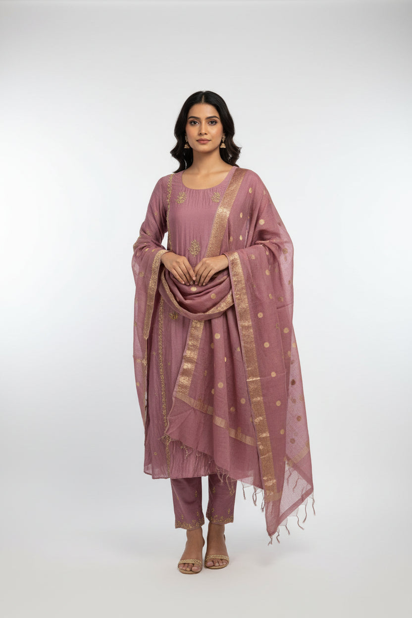 Peach pink Mul Chanderi Hand Embroidery A Line Kurtha 392