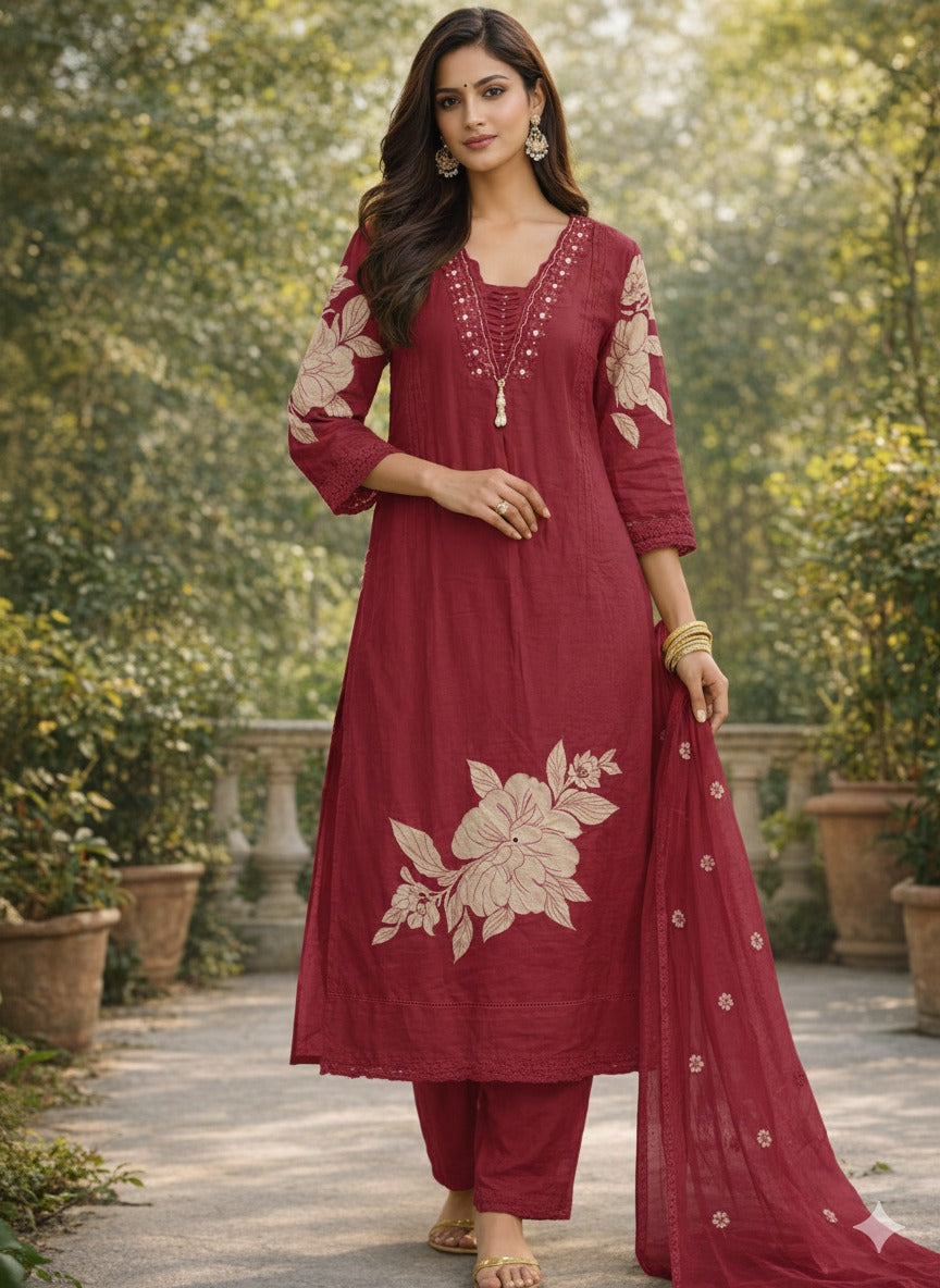 Red Cotton Hand Embroidery Straight Fit Kurtha 597
