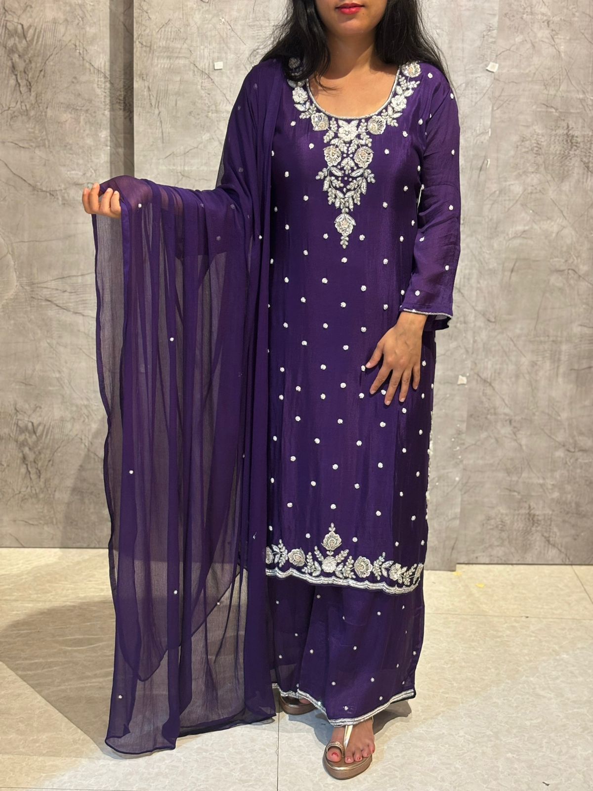 Purple Chinnon partyware heavy embroidery  Kurtha set