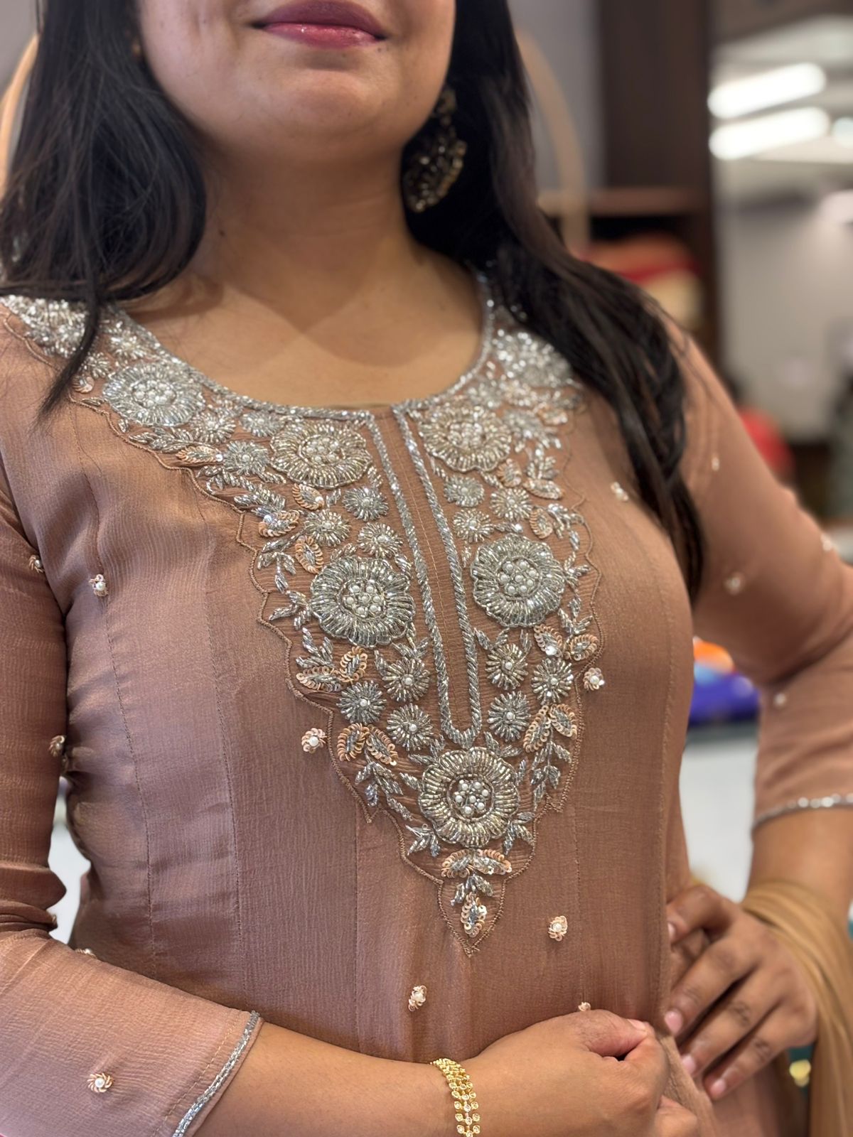 Beige Anarkali Chinnon Hand Embroidery Kurtha 567