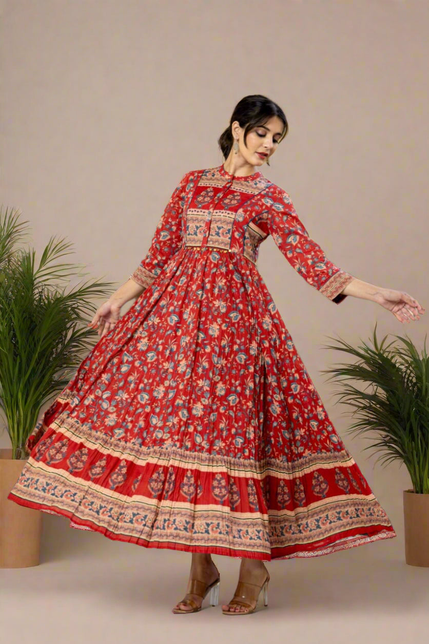 "Gown" Kalamkari Red Mul Cotton Anarkali Kurtha 98